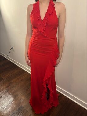 Red Ruffle Halter Evening Dress